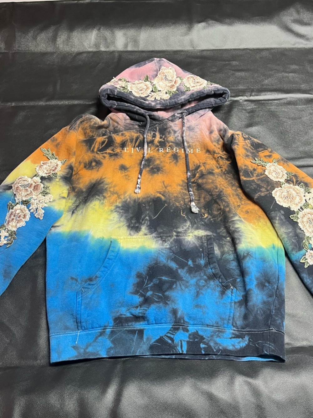 Civil Regime Tie-Dye Hoodie with Floral Embroidery - Black, Orange, Pink, Blue - Picture 3 of 6